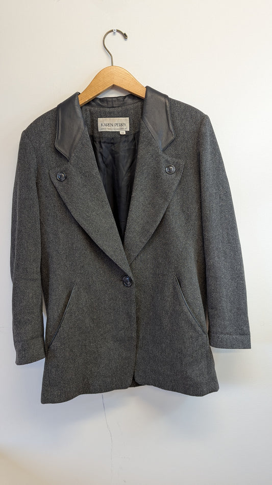 Karen Perry Herringbone Blazer with Leather Collar Sz 10