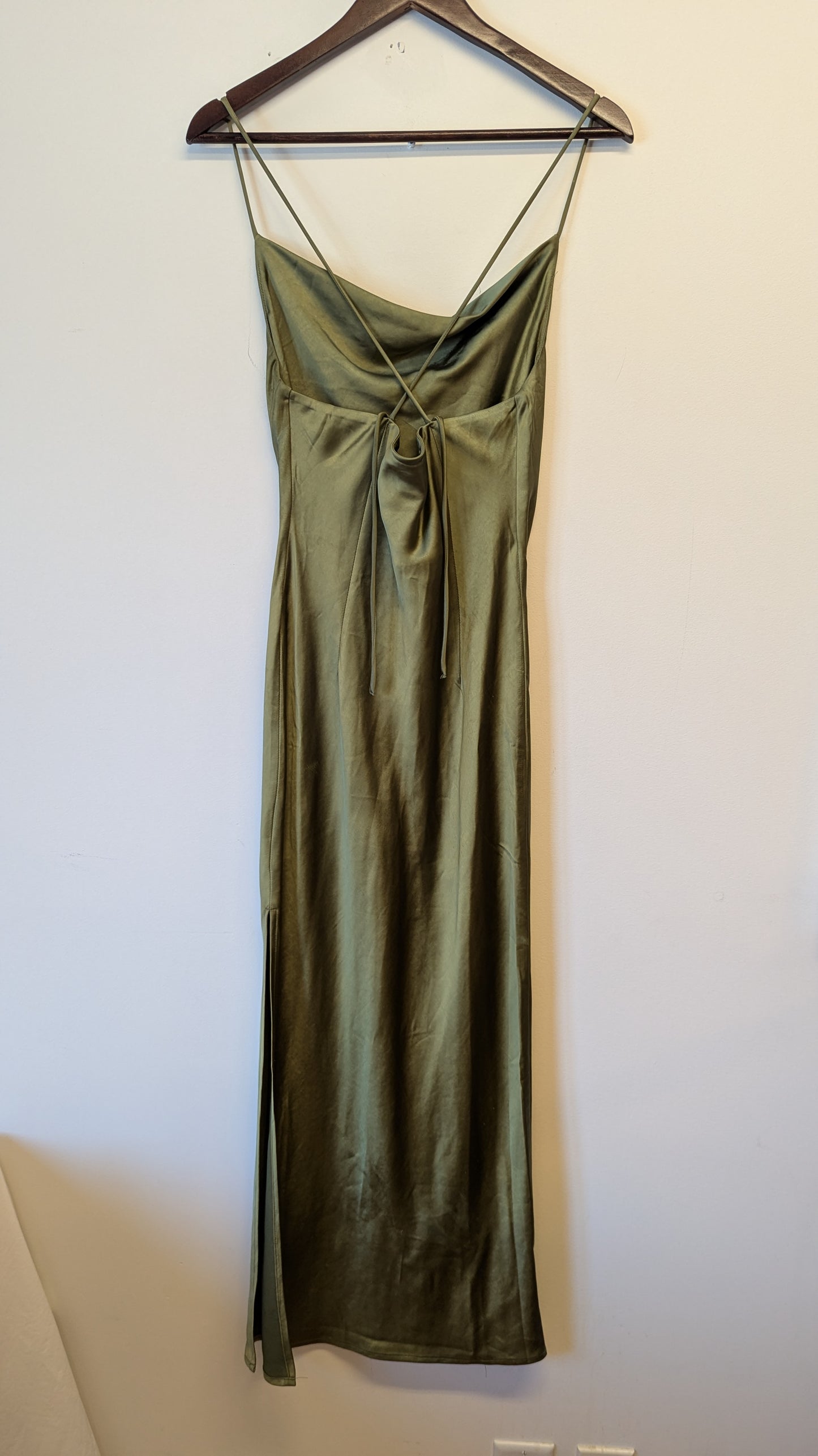 Princess Polly Olive Green Satin Cowl Neck Midi Slip Dress US 4
