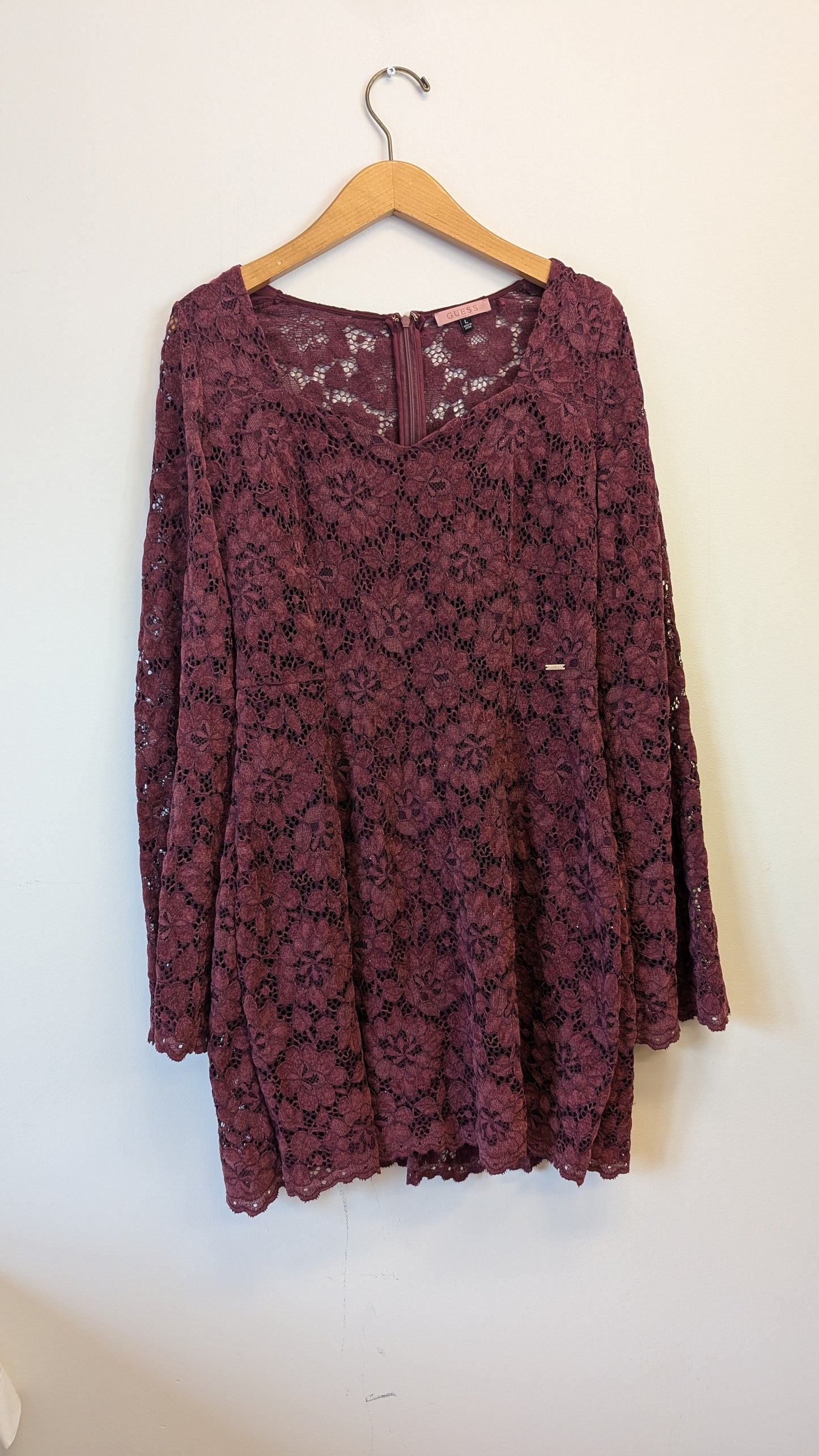 Guess Burgundy Lace Long Sleeve Mini Dress