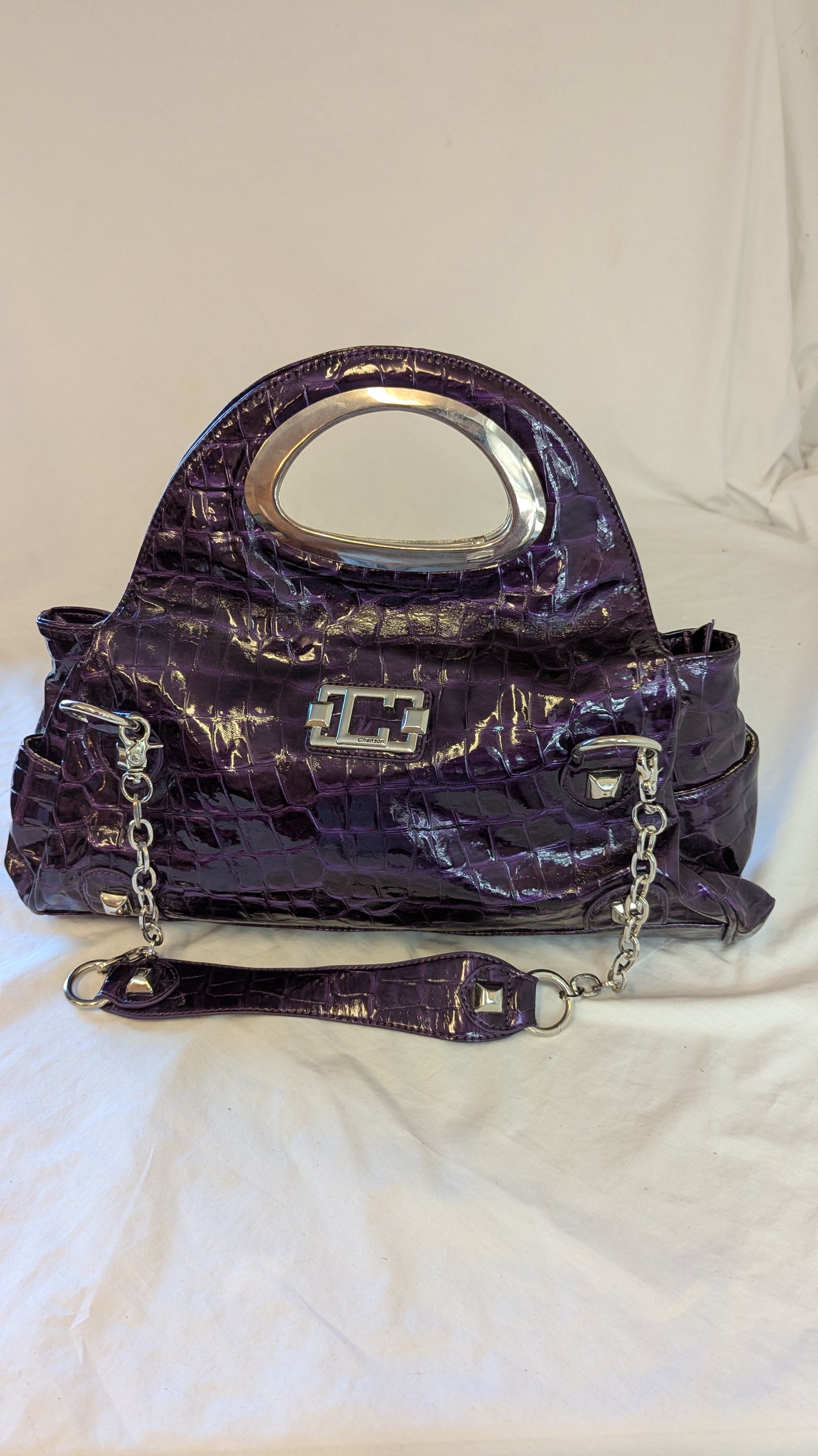 Chenson Purple Croc-Embossed Patent Leather Handbag