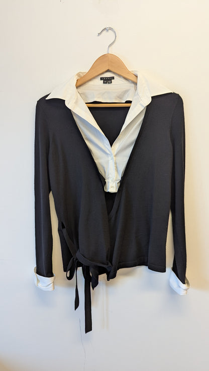 Theory black white faux shirt wrap top L/G