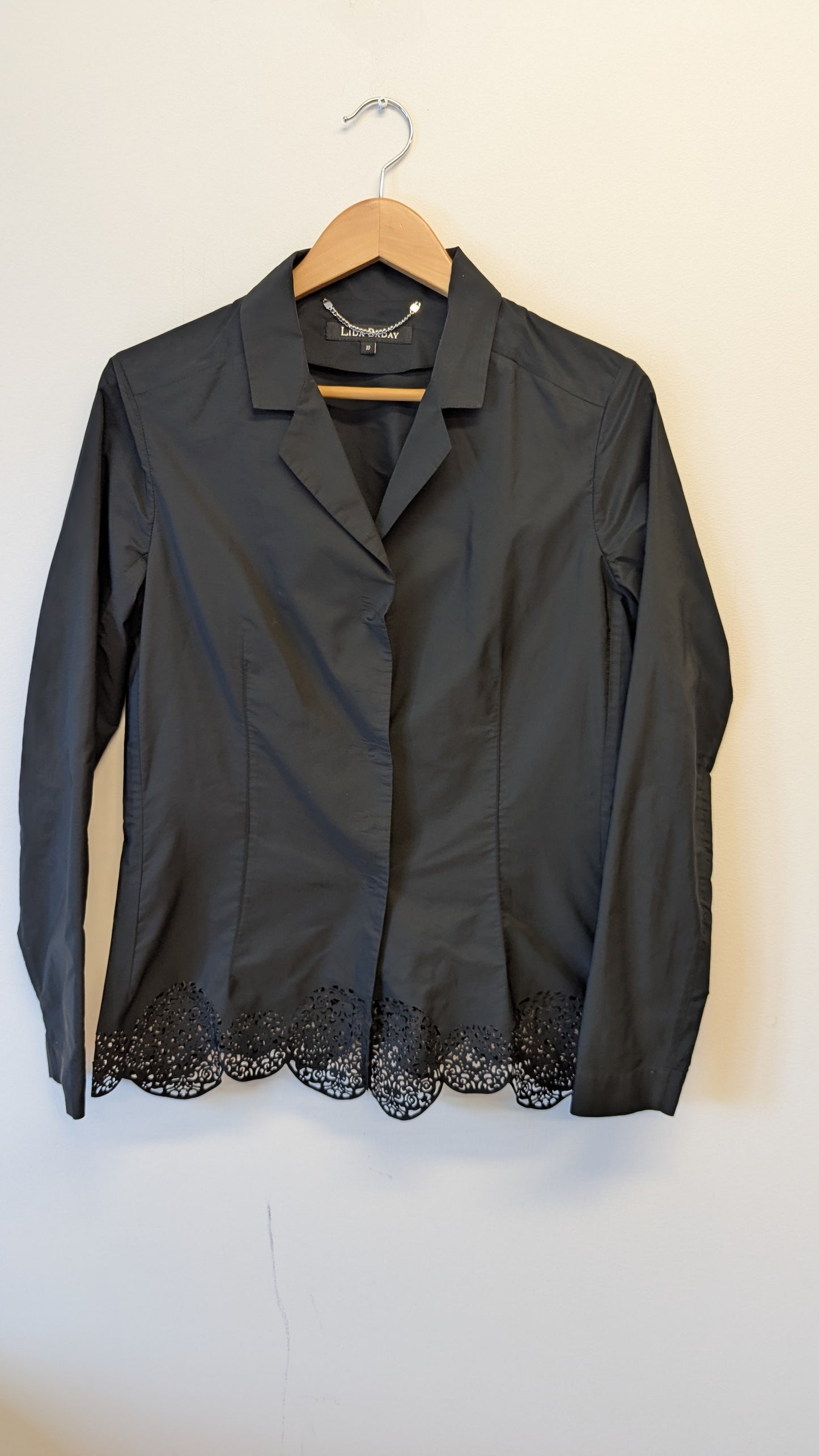 Lila Baday Black Blouse Size 10 Scalloped Hem