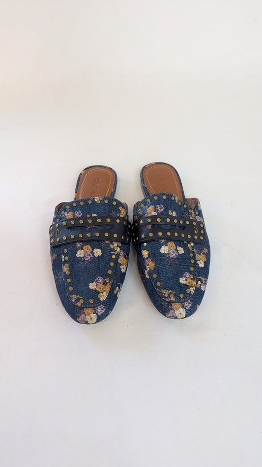 Coach Floral Denim Studded Mules Size 5.5