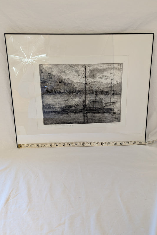 Vintage E. Jesse Herschoff Etching Print Harbour Tofino BC Framed; Numbered and Signed