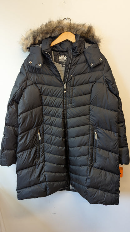 Eddie Bauer Black Puffer Coat XXL Faux Fur Hood