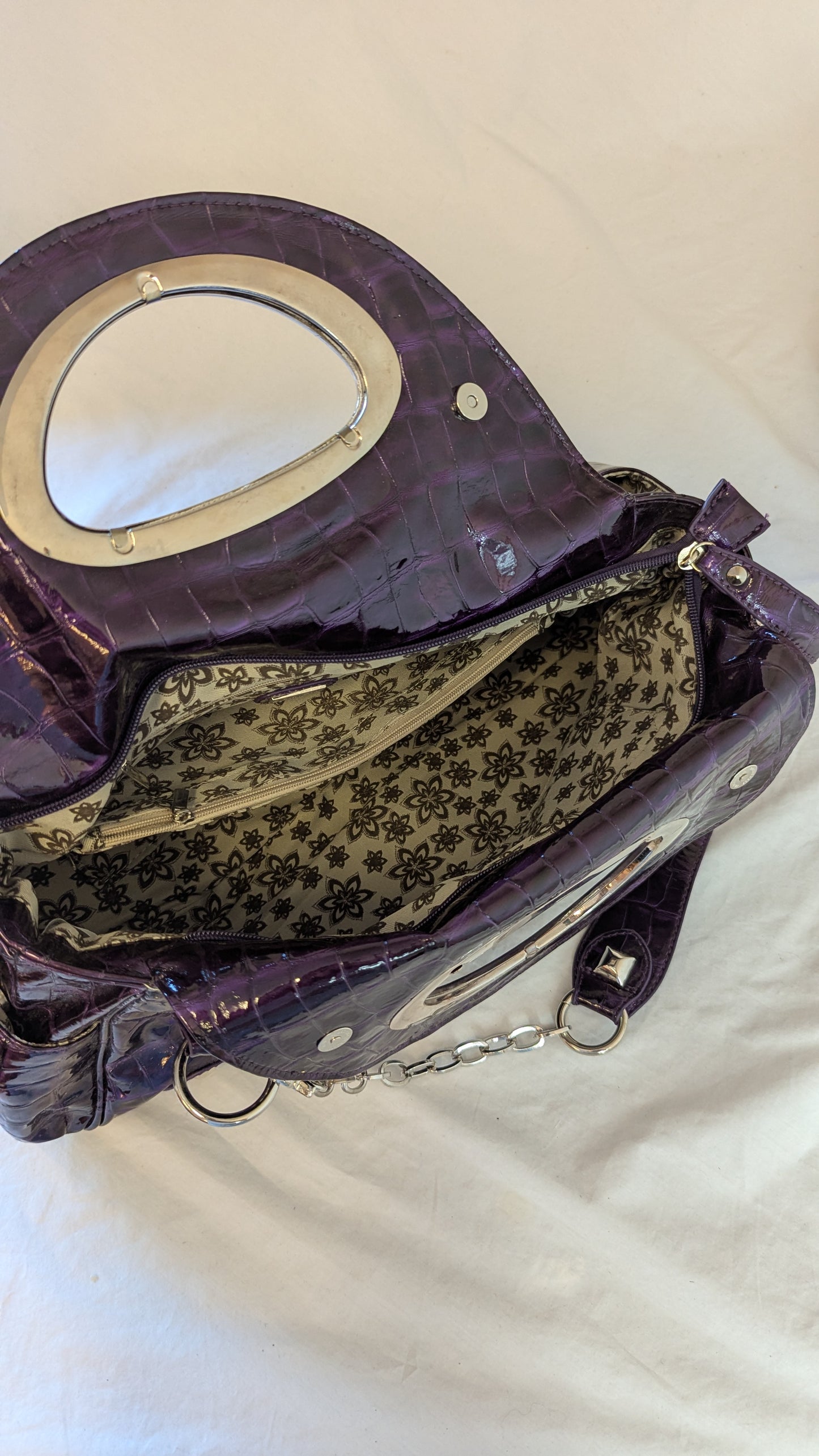 Chenson Purple Croc-Embossed Patent Leather Handbag