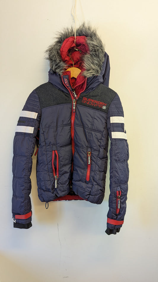 Superdry Snow Pro Navy Puffer Ski Jacket Faux Fur Hood