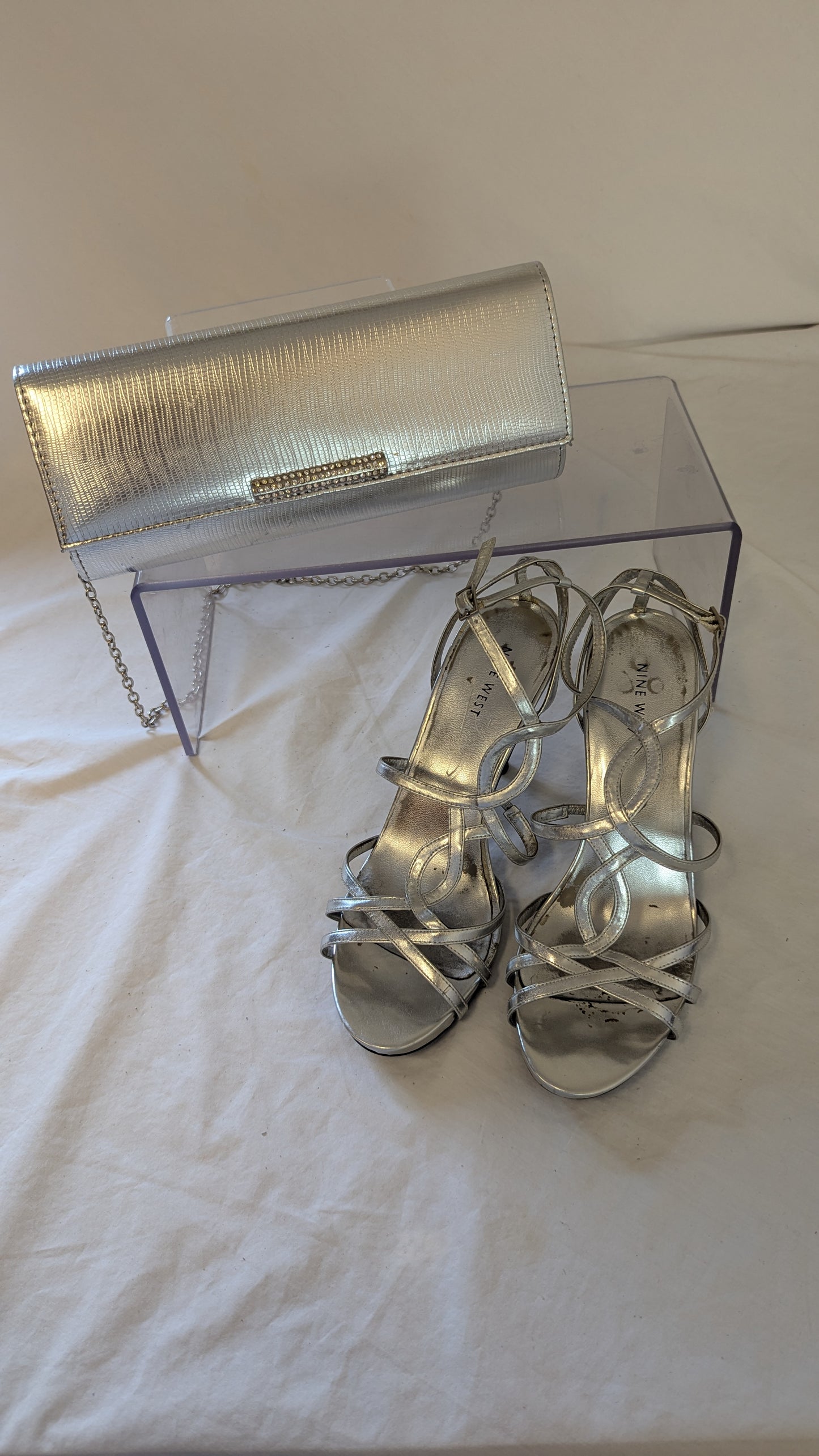 Nine West Silver Strappy Heels and Matching Clutch Set
