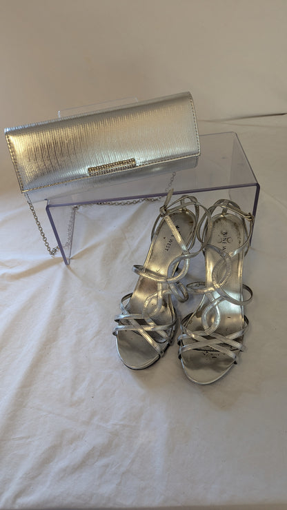 Nine West Silver Strappy Heels and Matching Clutch Set