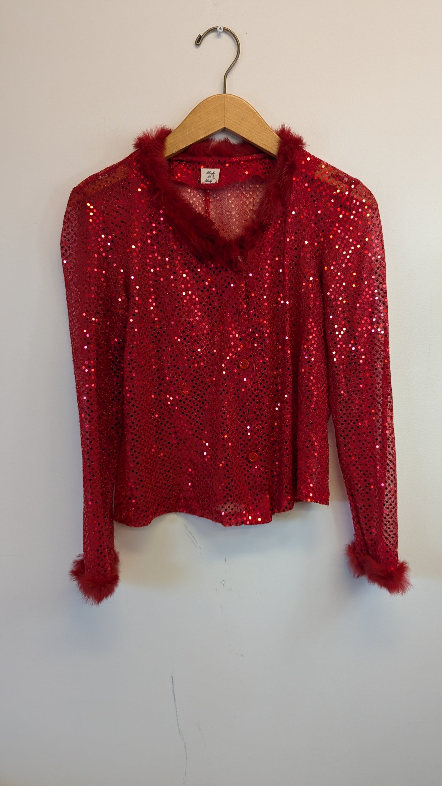 Vintage Red Sequin Faux Fur Trim Cardigan