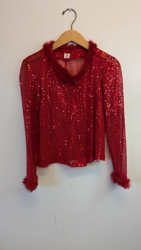 Vintage Red Sequin Faux Fur Trim Cardigan