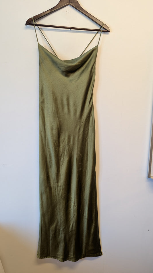 Princess Polly Olive Green Satin Cowl Neck Midi Slip Dress US 4