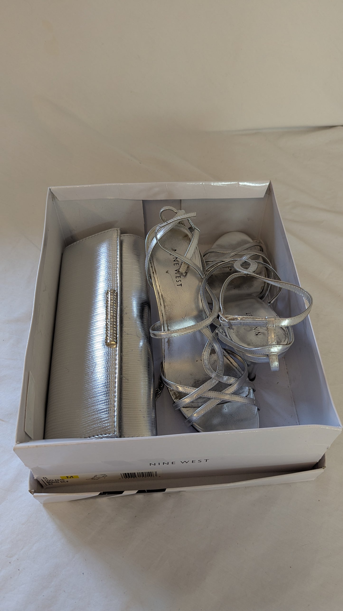 Nine West Silver Strappy Heels and Matching Clutch Set