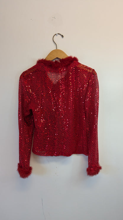 Vintage Red Sequin Faux Fur Trim Cardigan