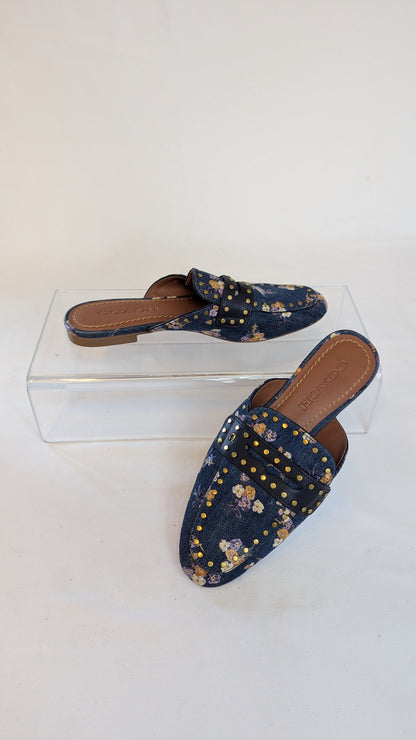 Coach Floral Denim Studded Mules Size 5.5