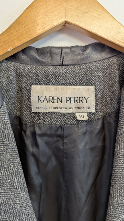 Karen Perry Herringbone Blazer with Leather Collar Sz 10