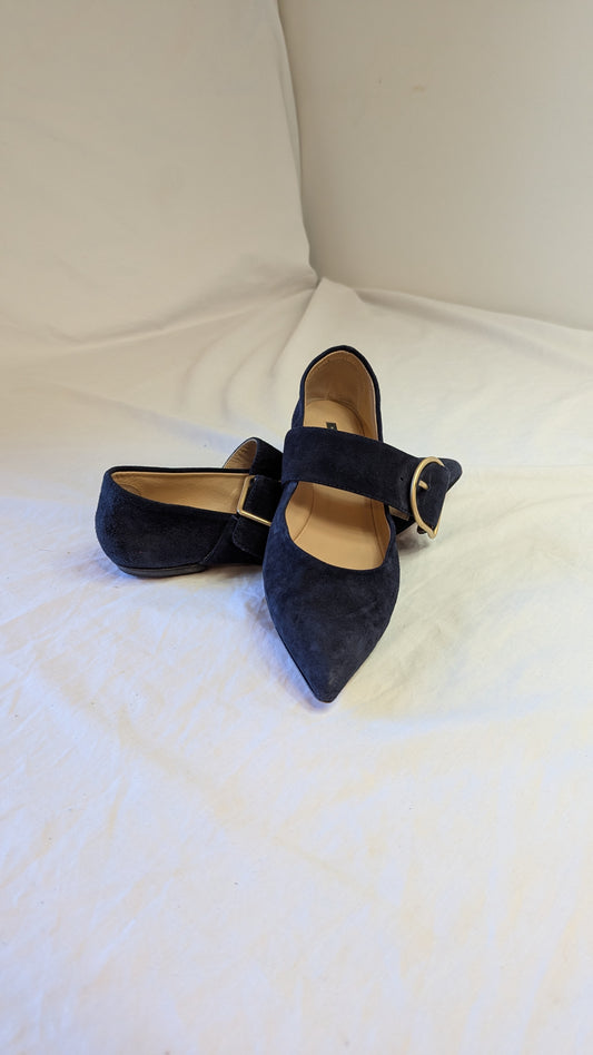 Liviana Conti Navy Blue Suede Mary Jane Flats Buckle, Size 7